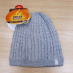 HEAT HOLDERS Womens Beanie Hat Grey Cable Knit Thermal Warm Cozy Winter